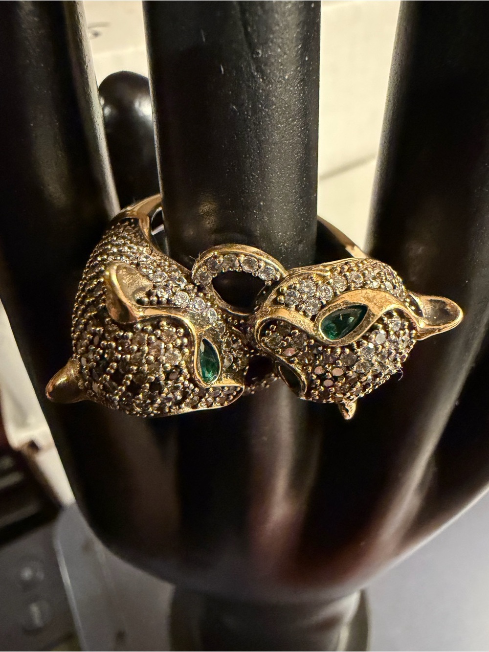 Handmade Sterling Silver Jaguar Ring, Cubic Zircon, Rustic Cat Size 8.5” Emerald